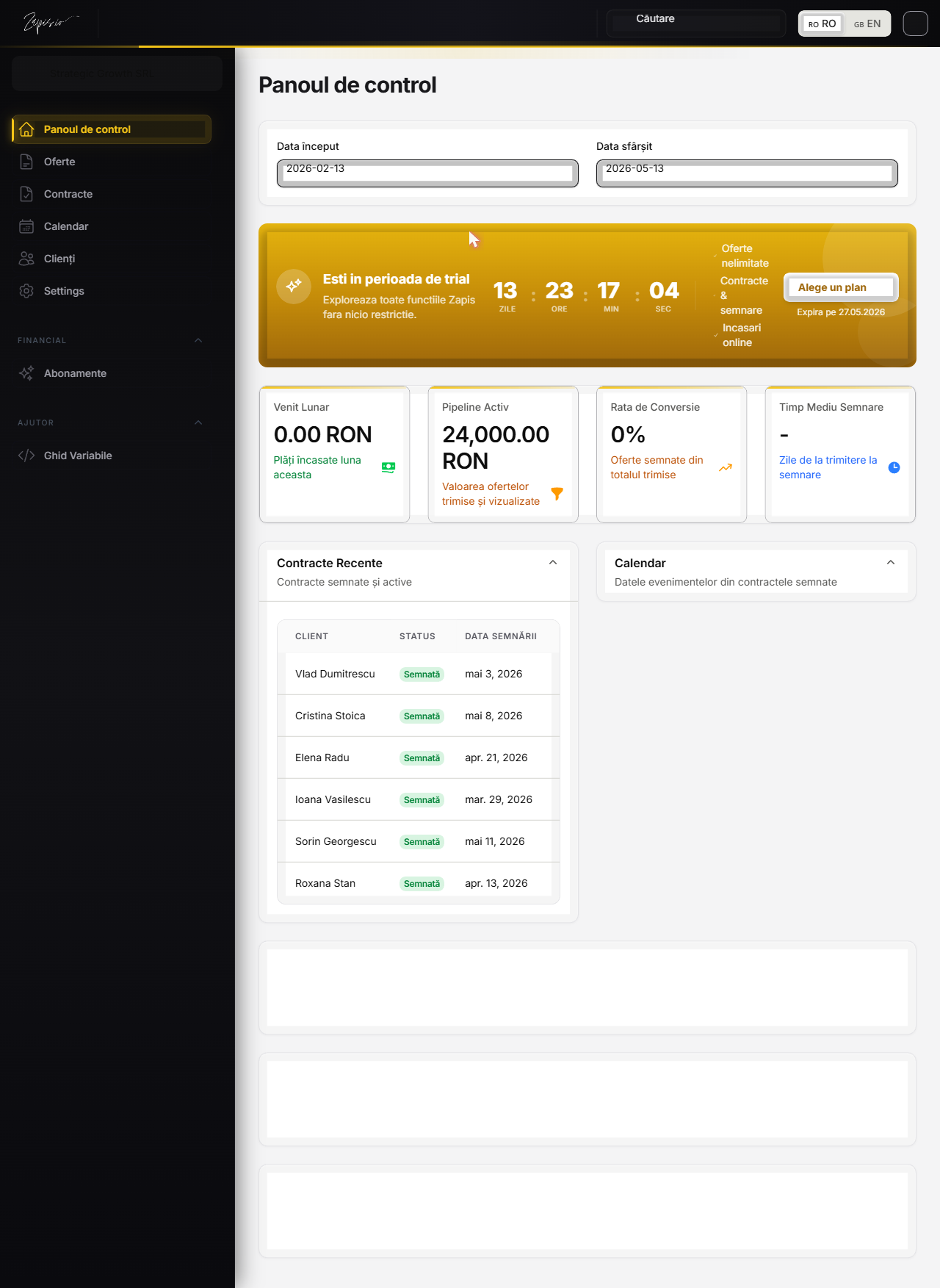 Dashboard Zapis cu pipeline și contracte recente