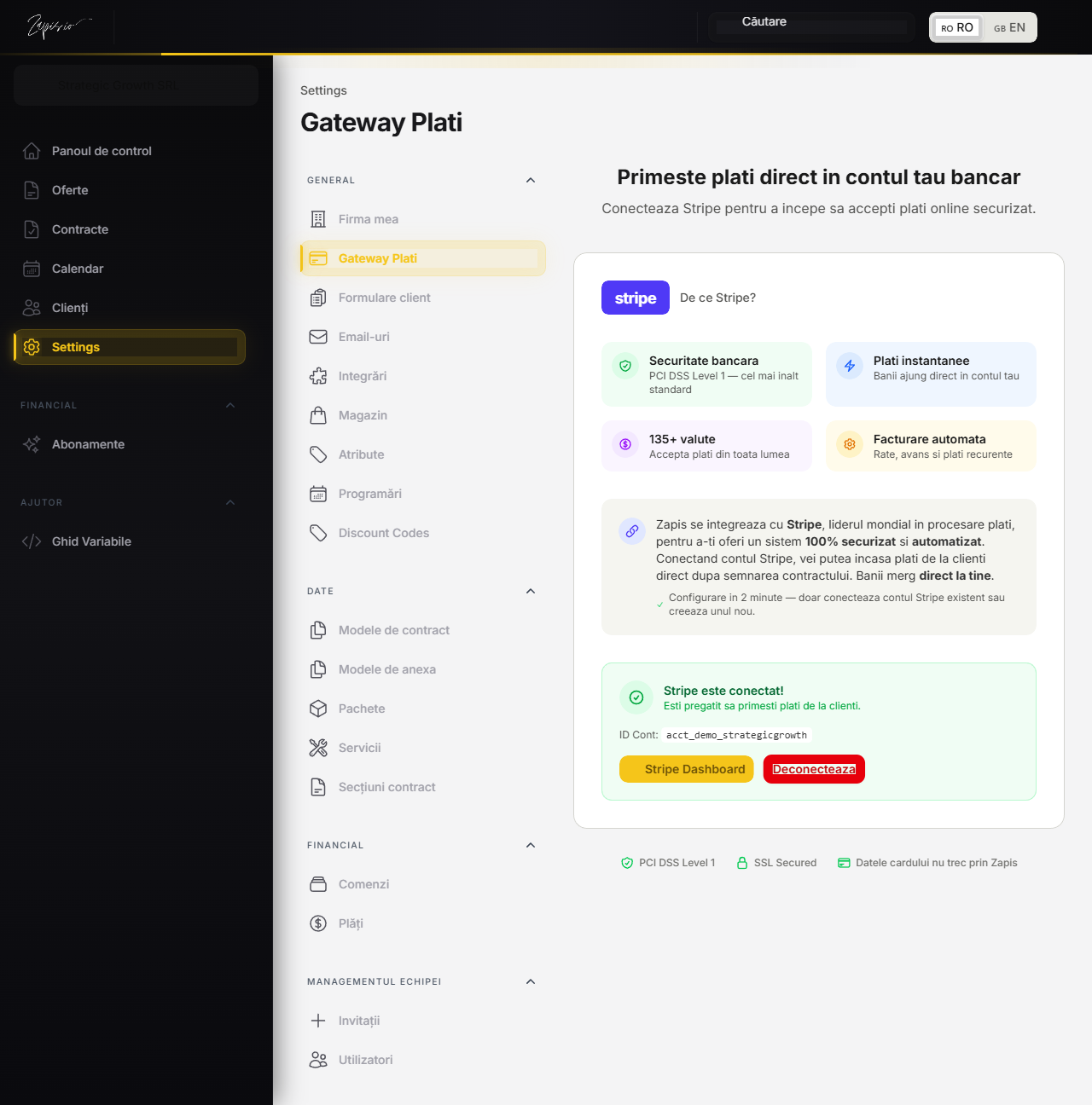Stripe Connect cu status verde Connected