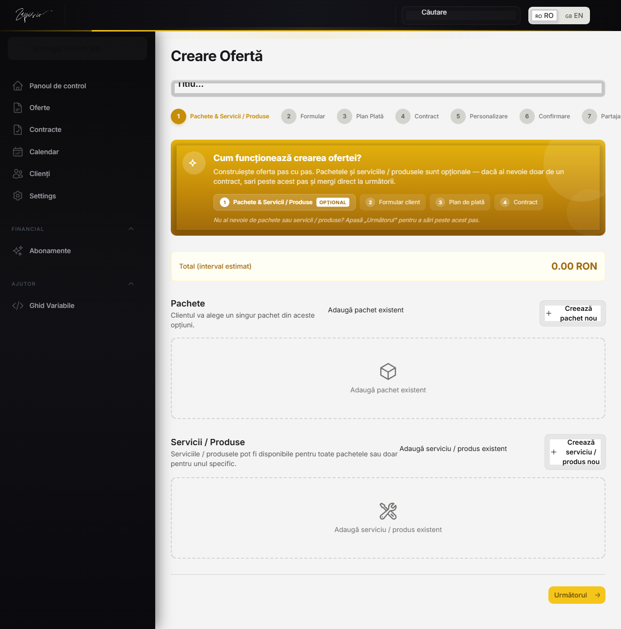 Wizard creare ofertă pas 1 - editor contract