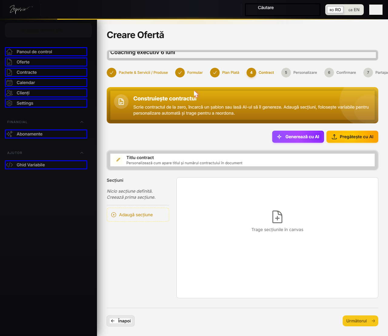 Pasul 1 al wizard-ului: editorul de contract